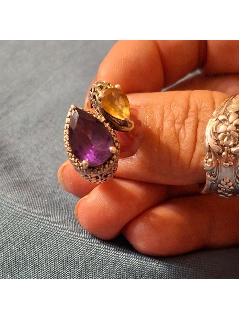Amethyst and Citrine ring .925 Sterling silver and 18kt yellow gold sz 6